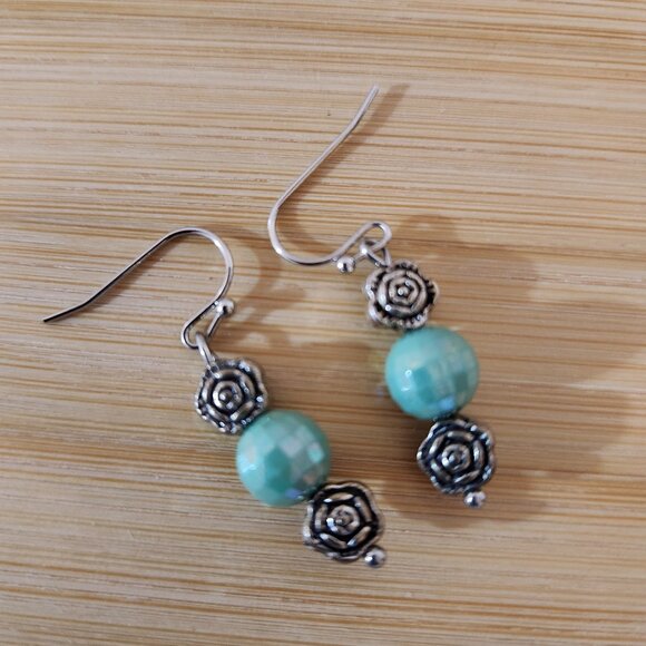 Hand Crafted Jewelry - Hand Crafted Earrings Pierced Beaded Rose Turquoise Antique Silver